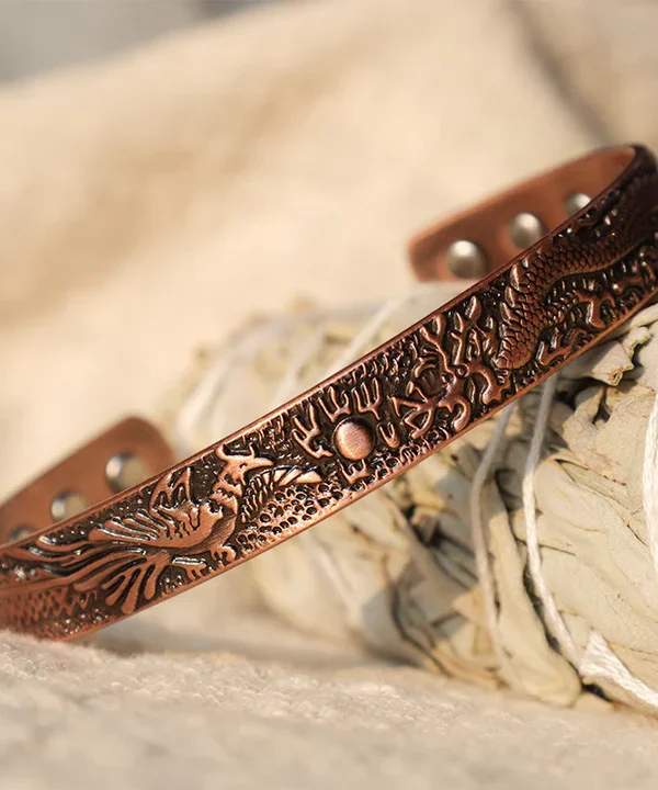 Buddha Stones Dragon Phoenix Magnetic Solid Copper Cuff Bracelet Bangle
