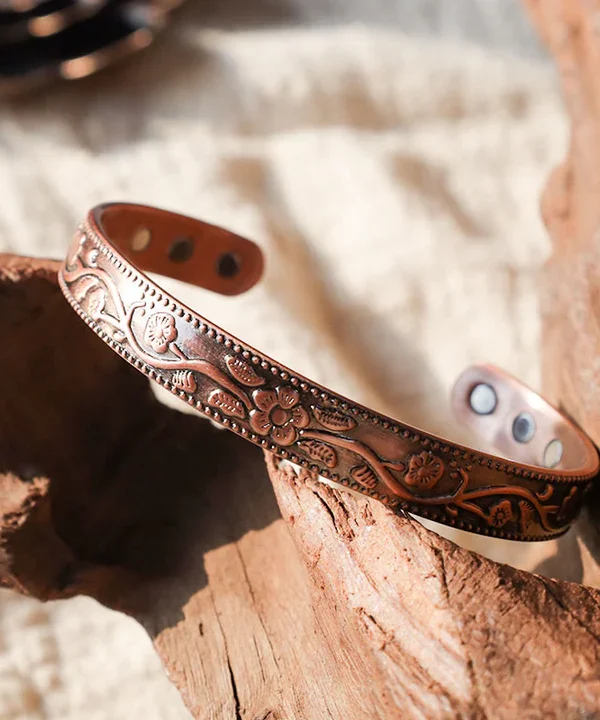 Buddha Stones Floral Magnetic Copper Adjustable Cuff Bracelet Bangle